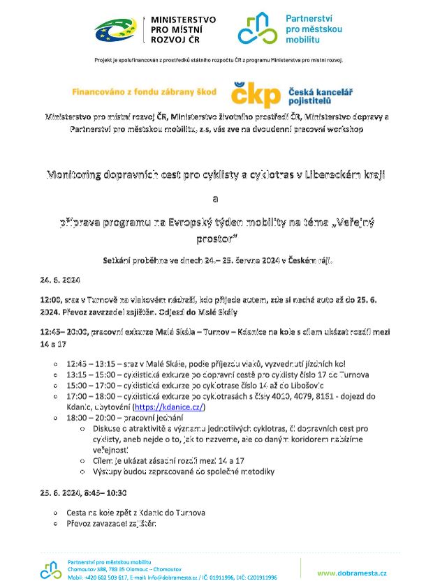 Monitoring dopravních cest pro cyklisty a cyklotras v Libereckém kraji a příprava programu na Evropský týden mobility na téma „Veřejný prostor“